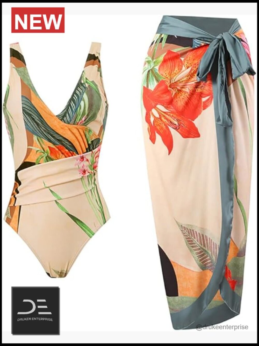 Two Piece Bikini Set with Floral Print Sarong Cover Up Skirt Wrap Swimsuit